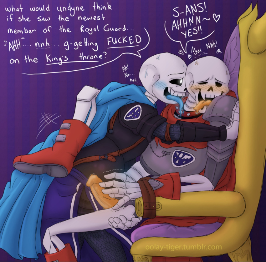 2boys brothers incest male male_on_male male_only oolay-tiger papyrus restrained sans throne_sex tongue_out undertale yaoi