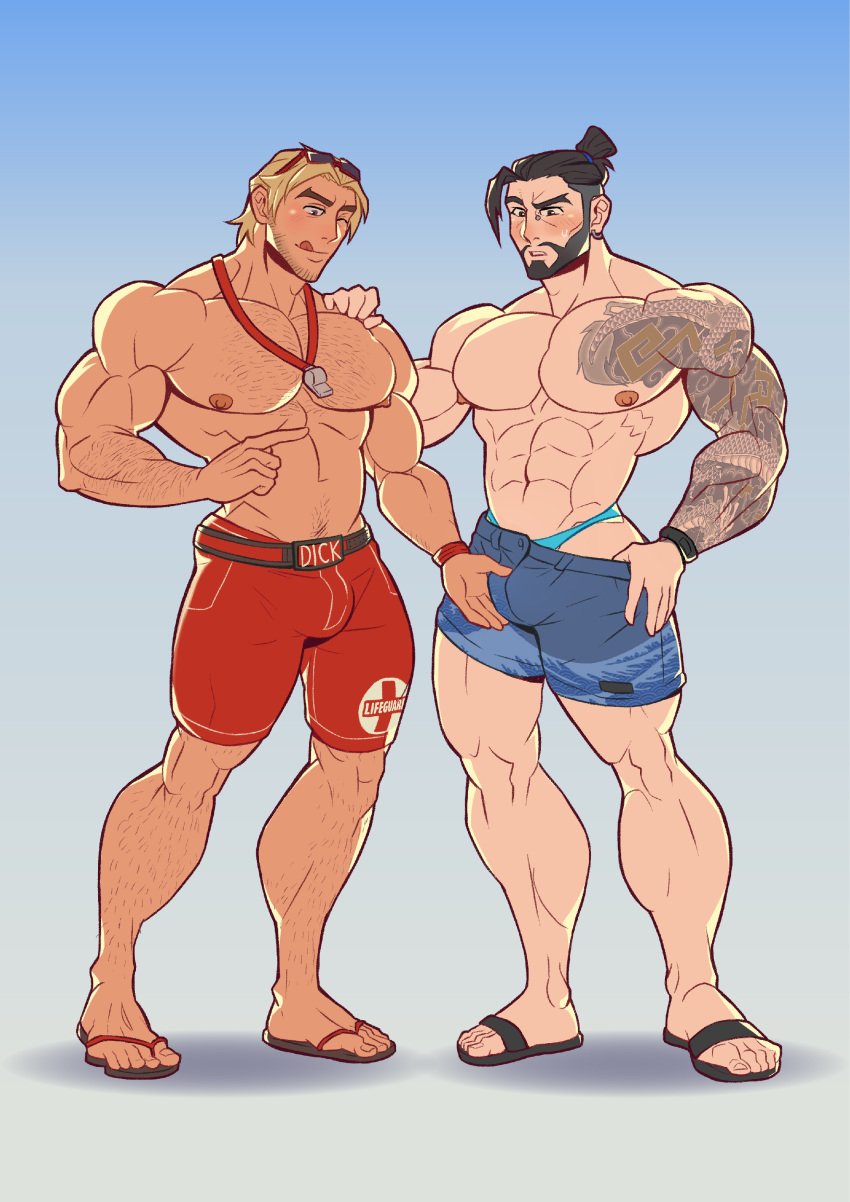 abs bara biceps bodybuilder bulge cole_cassidy grabbing_bulge hanzo_shimada khanthedestroyer lifeguard_cassidy male male_focus male_only muscle muscles muscular muscular_arms muscular_ass muscular_back muscular_legs muscular_male muscular_thighs nipples overwatch pecs swimming_trunks swimwear thong