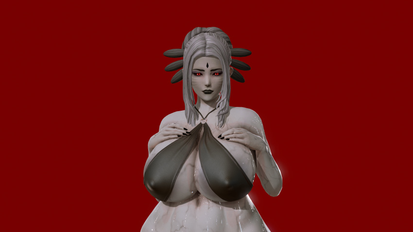 3d big_breasts clothed clothed_female female_focus female_only holding_breast honey_select kirinonsfw milf red_background red_eyes rwby salem_(rwby) sweat swimsuit white_hair white_skin