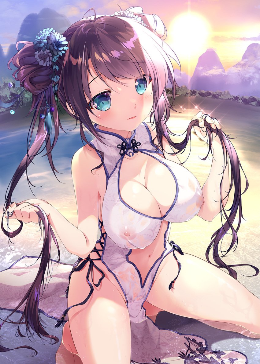 aqua_eyes bangs bare_legs bare_shoulders barefoot black_hair breasts china_dress chinese_clothes cleavage clothing_cutout covered_nipples double_bun dress evening female hair_bun highres kneeling large_breasts long_hair looking_at_viewer mikeou navel navel_cutout nipples original original_character outdoors see-through sideless_outfit solo sun swept_bangs twintails very_long_hair wet