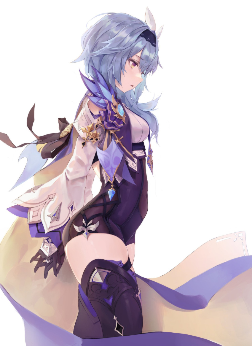 arms_behind_back black_gloves black_legwear breasts eula_(genshin_impact) female genshin_impact gloves hairband high_resolution hiki_niito hiki_nito long_hair long_sleeves looking_away medium_breasts parted_lips purple_eyes shirt short_shorts shorts silver_hair simple_background solo standing thighhighs thighs white_background white_shirt