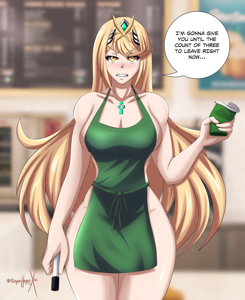 apron apron_only blonde_hair breasts cup_in_hand female female_focus green_apron iced_latte_with_breast_milk light-skinned_female long_hair looking_at_viewer marker meme mythra sonicheroxd thighs voluptuous xenoblade_(series) xenoblade_chronicles_2 yellow_eyes