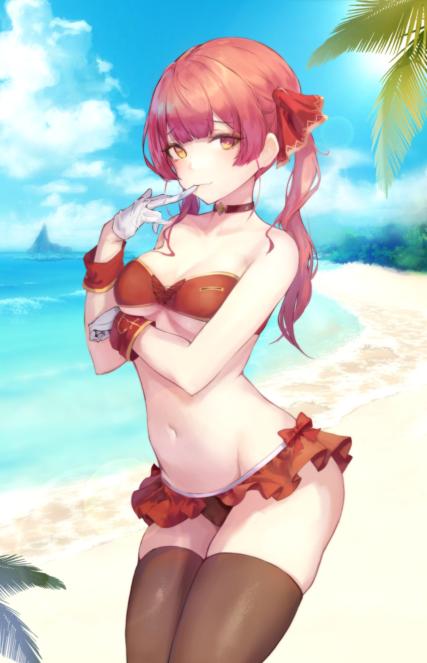 bare_arms bare_shoulders beach bikini bikini_skirt biting bra breast_hold breasts brown_legwear choker clavicle cleavage clothing cowboy_shot female glove_biting gloves groin hair_ornament hair_ribbon heterochromia high_resolution hiki_niito hiki_nito hololive hololive_fantasy hololive_japan houshou_marine legwear marine_ch. medium_breasts mouth_hold navel ocean orange_eyes outdoors red_bikini red_choker red_eyes red_hair red_swimsuit ribbon skindentation smile solo standing stomach strapless strapless_bikini strapless_swimsuit swimsuit thighs tied_hair twintails virtual_youtuber water white_gloves wrist_cuffs