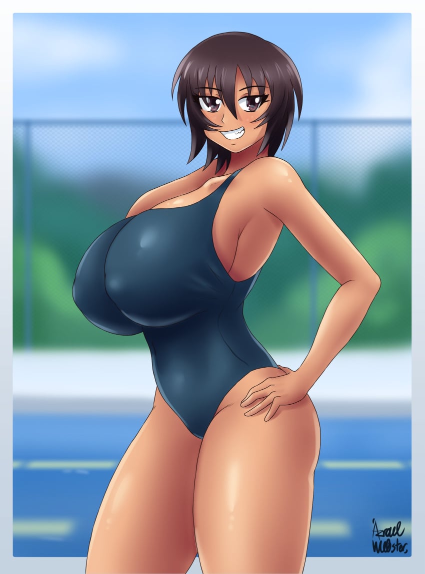 1girls artist_signature azraelwebster azumanga_daiou breasts brown_eyes brown_hair eyebrows_visible_through_hair eyelashes female female_only hand_on_hip huge_breasts human human_only kagura_(azumanga_daiou) large_breasts nipple_bulge one-piece_swimsuit outdoors pool short_hair smile solo solo_female standing swimming_pool swimsuit tagme