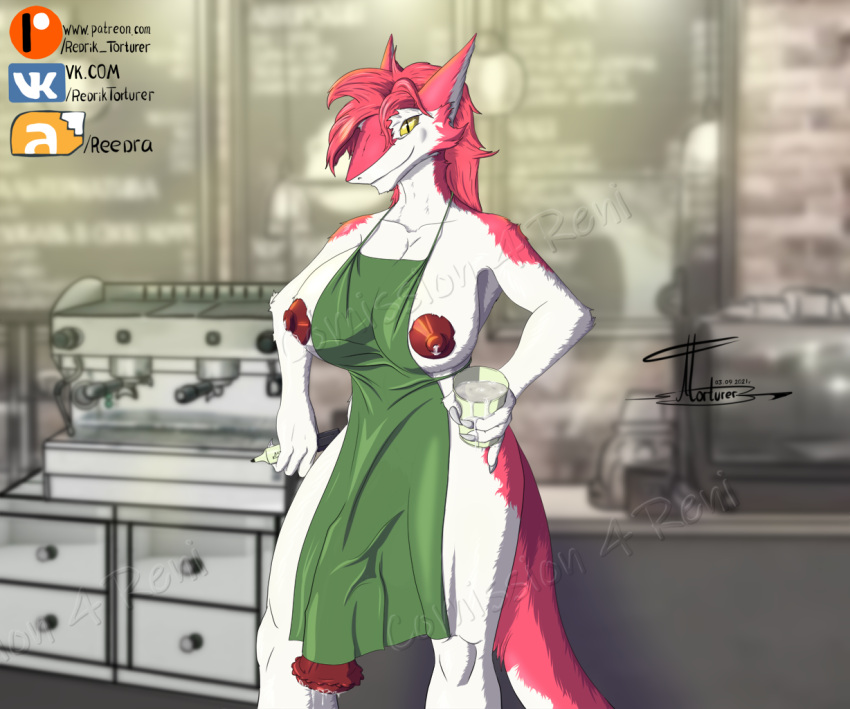 1futa animal_genitalia animal_penis anthro apron apron_only areolae barista breasts cameltail clothed clothing cum cum_drip cum_in_container cum_on_penis equine_penis erect_nipples furry futa_only futanari horsecock huge_breasts hyper hyper_penis iced_latte_with_breast_milk intersex meme milk mostly_nude naked_apron nipples penis penis_bulge penis_under_clothes pink_fur pink_hair reni_(character) rtart rtart_(artist) sergal solo solo_futa standing yiff