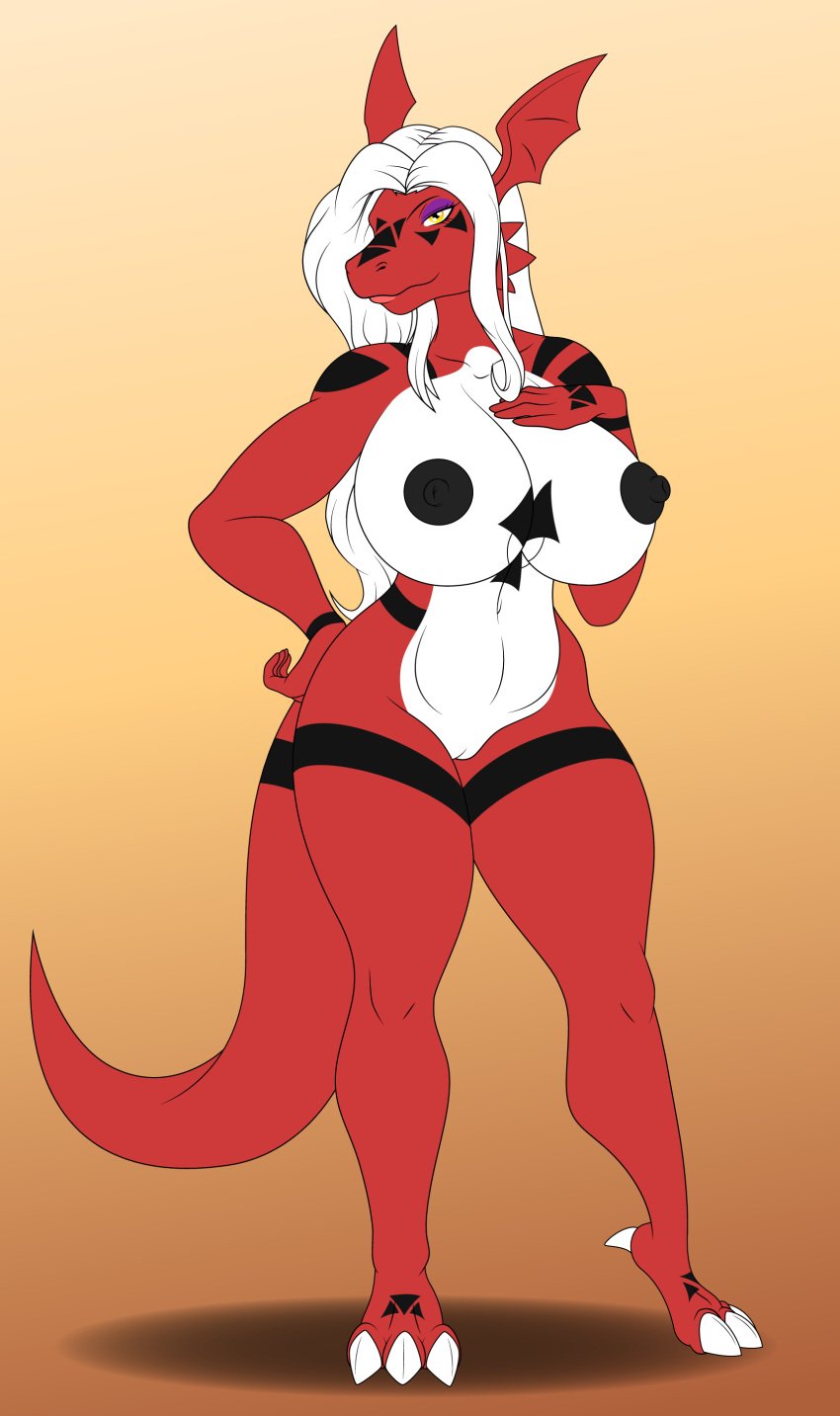 2018 absurd_res anthro anthrofied bandai_namco big_breasts breasts curvy_figure danielssj digimon digimon_(species) digimorph digital_media_(artwork) female genitals guilina_(lucedo) guilmon hair hi_res long_hair navel nipples non-mammal_breasts nude pussy solo voluptuous white_hair wide_hips yellow_eyes