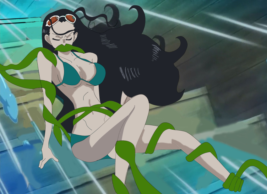 anime_style bikini black_hair bondage eyewear_on_head female female_only gagged long_hair nico_robin one_piece pikname45 tagme tentacle underwater