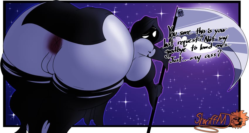 2021 absurd_res anus ass ass_up bent_over big_ass big_breasts big_butt breasts butt_focus death_(personification) digital_media_(artwork) fat_ass female genitals grim_reaper hi_res huge_ass huge_breasts huge_butt humanoid lewdtober looking_back masterj291 melee_weapon night night_sky polearm pussy reapette scythe side_boob solo weapon