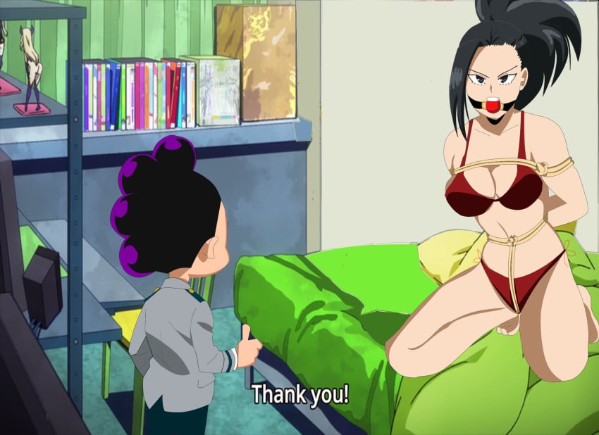 1boy 1girls angry_face ball_gag black_hair bondage crotch_rope gag gagged kidnapped kneeling minoru_mineta momo_yaoyorozu my_hero_academia pikname45 purple_hair thumbs_up tied_hair tied_up