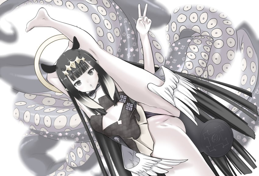 1girls angel_wings black_and_white blurry_background choker clothed dark_hair diadem female female_focus female_only halo hand_on_leg hands_behind_head highres hololive hololive_english hololive_myth leg_above_head leg_over_shoulder legs_over_head legs_spread light_hair long_hair looking_at_viewer mole mole_under_eye multicolored_hair ninomae_ina'nis open_mouth peace_sign pussy pussy_focus pussy_peek pussy_visible_through_clothes questionable_anatomy tentacle tiara very_long_hair virtual_youtuber white_background wings