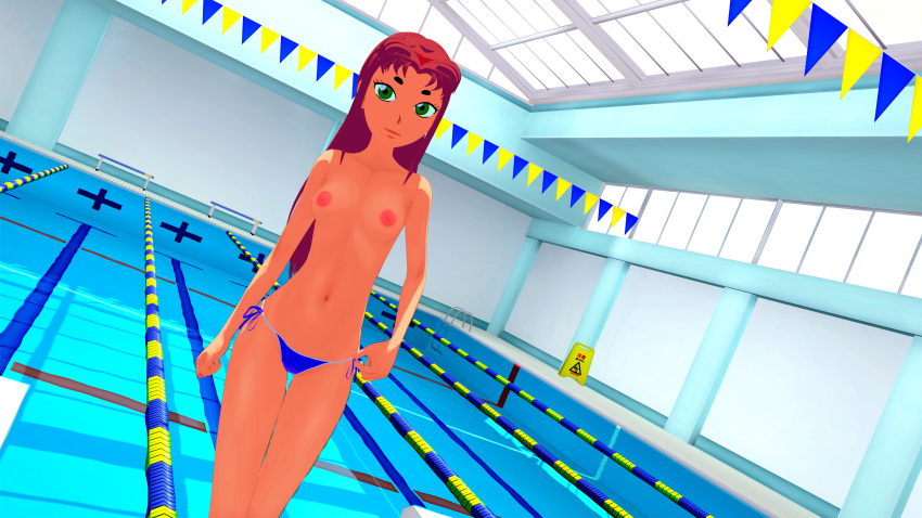 1girls 3d 3d_(artwork) bikini bikini_bottom butts69420 dc female female_only green_eyes hi_res illusion_soft koikatsu pool poolside purple_bikini purple_swimsuit red_hair solo starfire swimsuit teen_titans topless