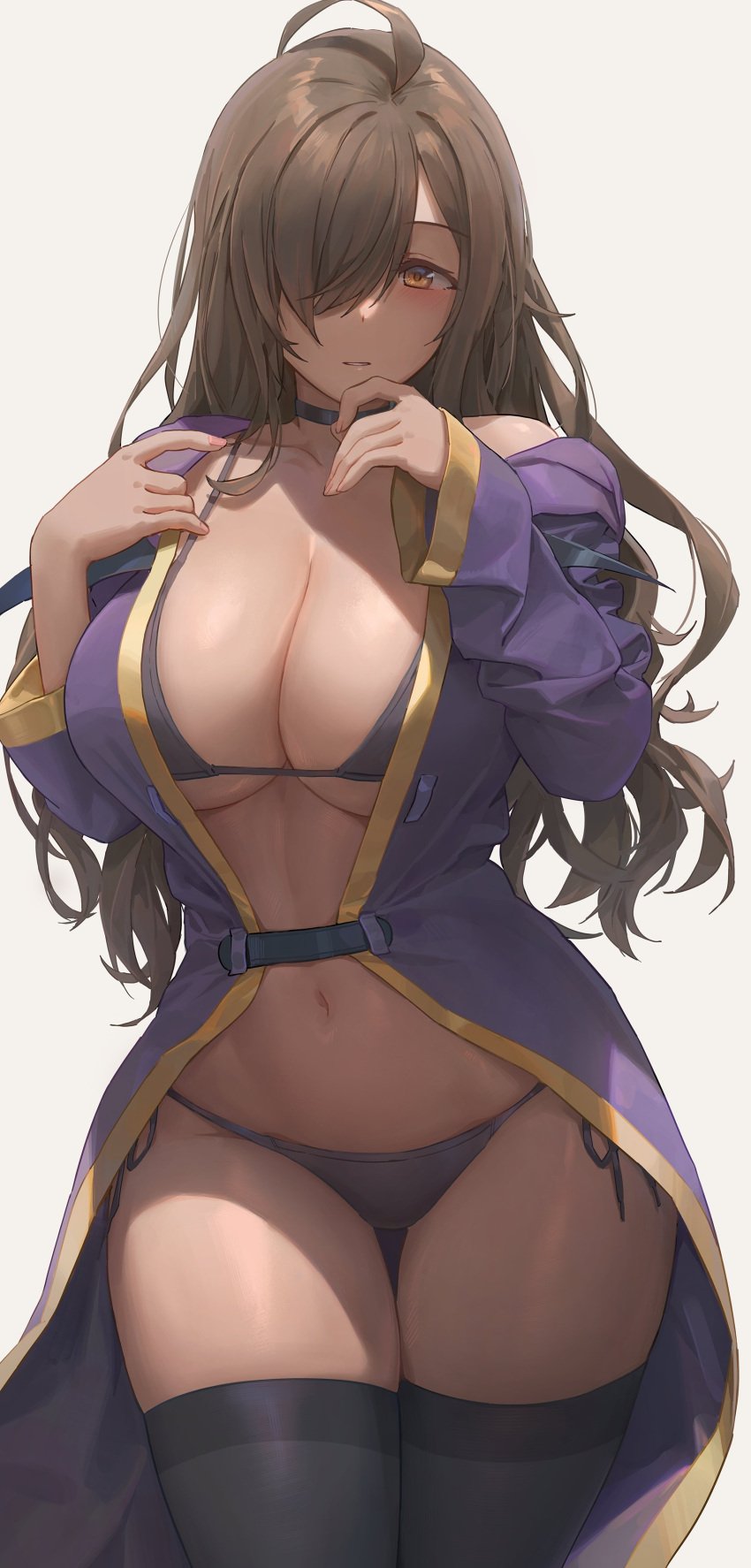 1girls 2021 belly_button bikini black_bikini blush breasts brown_eyes brown_hair cleavage female female_focus female_only hair_over_one_eye hi_res hips huge_breasts kono_subarashii_sekai_ni_shukufuku_wo! long_hair looking_at_viewer purple_clothing side-tie_bikini simple_background slim_waist thick_thighs thigh_gap thighhighs thighs white_background wide_hips wiz_(konosuba) yohan1754