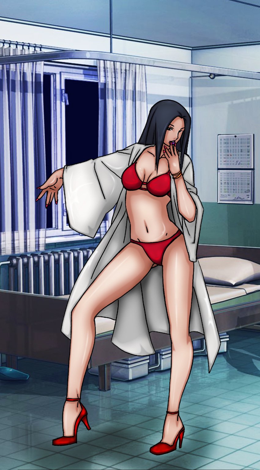 black_eyes blue_hair bra bracelets colored_nails deadspace doctor footwear full_body heels high_heels hospital hospital_bed indoors lipstick long_hair looking_at_viewer mature mature_female midriff milf nail_polish naruto naruto_(series) naruto_shippuden panties red_underwear robe solo solo_focus standing uchiha_mikoto underwear