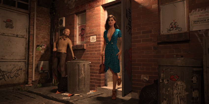 1boy 1girls 3d age_difference alley at_knifepoint balding beard bobbyfisher272 brick_wall cleave door dress graffiti hetero heterosexual highres kidnapping knifepoint male mustache night no_bra no_socks open_toe_shoes outdoors running_bond sandals standing straight ugly_man wedge_heels