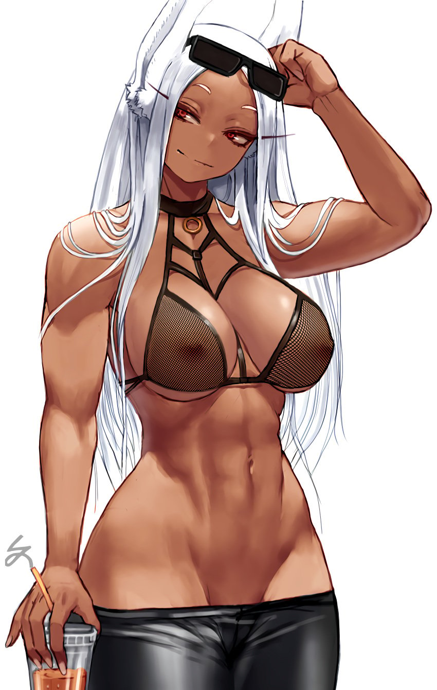 1girls abs absurd_res animal_ears big_breasts bra breasts bunny_ears bunny_girl collar dark-skinned_female dark_skin edit eyebrows eyelashes female female_focus female_only fit fit_female front_view hi_res high_resolution highres large_breasts looking_to_the_side lowrise_jeans miruko muscular muscular_female my_hero_academia navel nipples nipples_visible_through_clothing no_shirt pants pants_pull partially_clothed red_eyes revealing_clothes rumi_usagiyama see-through see-through_bra see-through_clothing see-through_top signature simple_background smile smiling solo solo_female sunglasses sunglasses_on_head thin_waist tight_clothing tight_pants underwear upscaled white_background white_fur white_hair wide_hips zefra_bleu