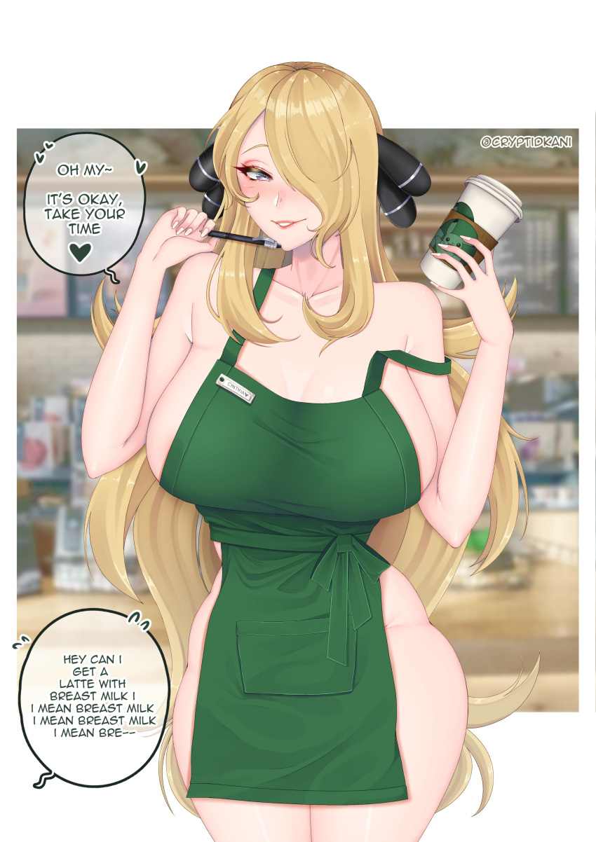 1girls alternate_breast_size apron bare_shoulders bare_thighs big_breasts blonde_hair blush breasts collarbone cryptid_crab cynthia_(pokemon) english_text eye_contact grey_eyes grin hair_ornament holding_pen hourglass_figure huge_breasts iced_latte_with_breast_milk large_breasts long_hair looking_at_viewer meme naked_apron nintendo off_shoulder pokemon pokemon_dppt sideboob smile solo speech_bubble standing text thick_thighs thighs very_long_hair wide_hips