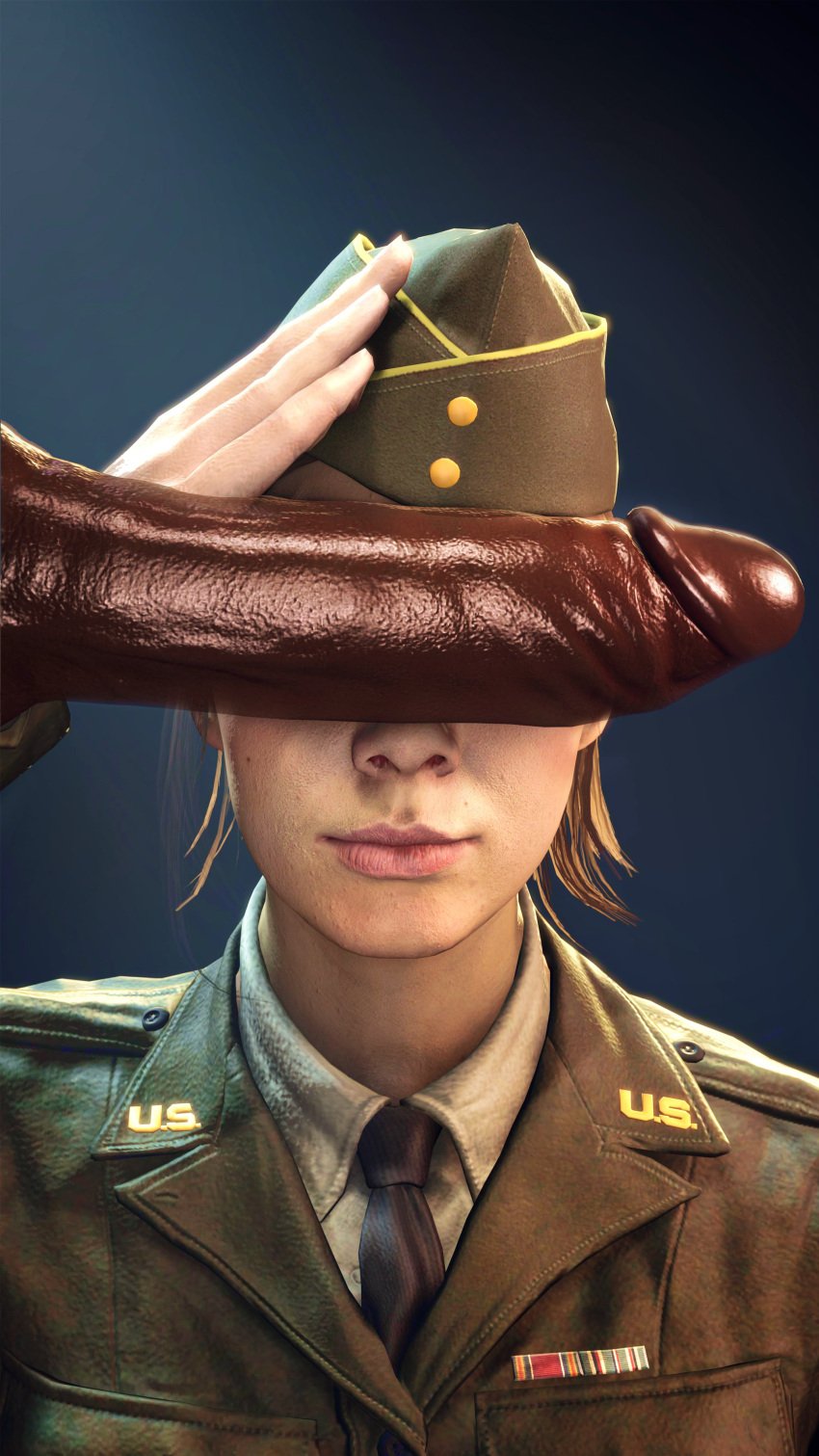 1boy 1girls 3d abstract_background akatomasu beret big_penis blue_eyes brown_hair call_of_duty call_of_duty_ww2 cant_see_the_haters corporal_green dark-skinned_male dark_skin female fully_clothed hat hi_res highres huge_cock interracial large_penis looking_at_partner looking_away looking_to_the_side looking_up male military military_hat military_jacket military_uniform necktie penis penis_covering_eyes penis_on_face salute saluting soldier source_filmmaker suit tie world_war_2