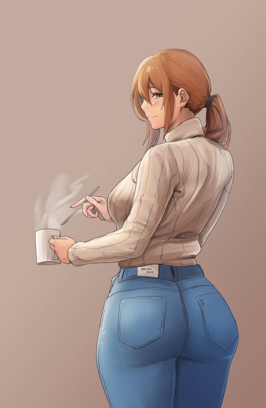 absurdres ass bangs beige_sweater blush brown_background coffee_mug cup curvy denim dryseaweed female from_behind girls'_frontline green_eyes hair_between_eyes high_waisted_jeans high_waisted_pants highres holding holding_spoon huge_ass jeans looking_to_the_side mature_female mom_jeans mug pants ponytail sidelocks smile solo spoon springfield_(girls'_frontline) standing sweater thick_thighs thighs turtleneck turtleneck_sweater