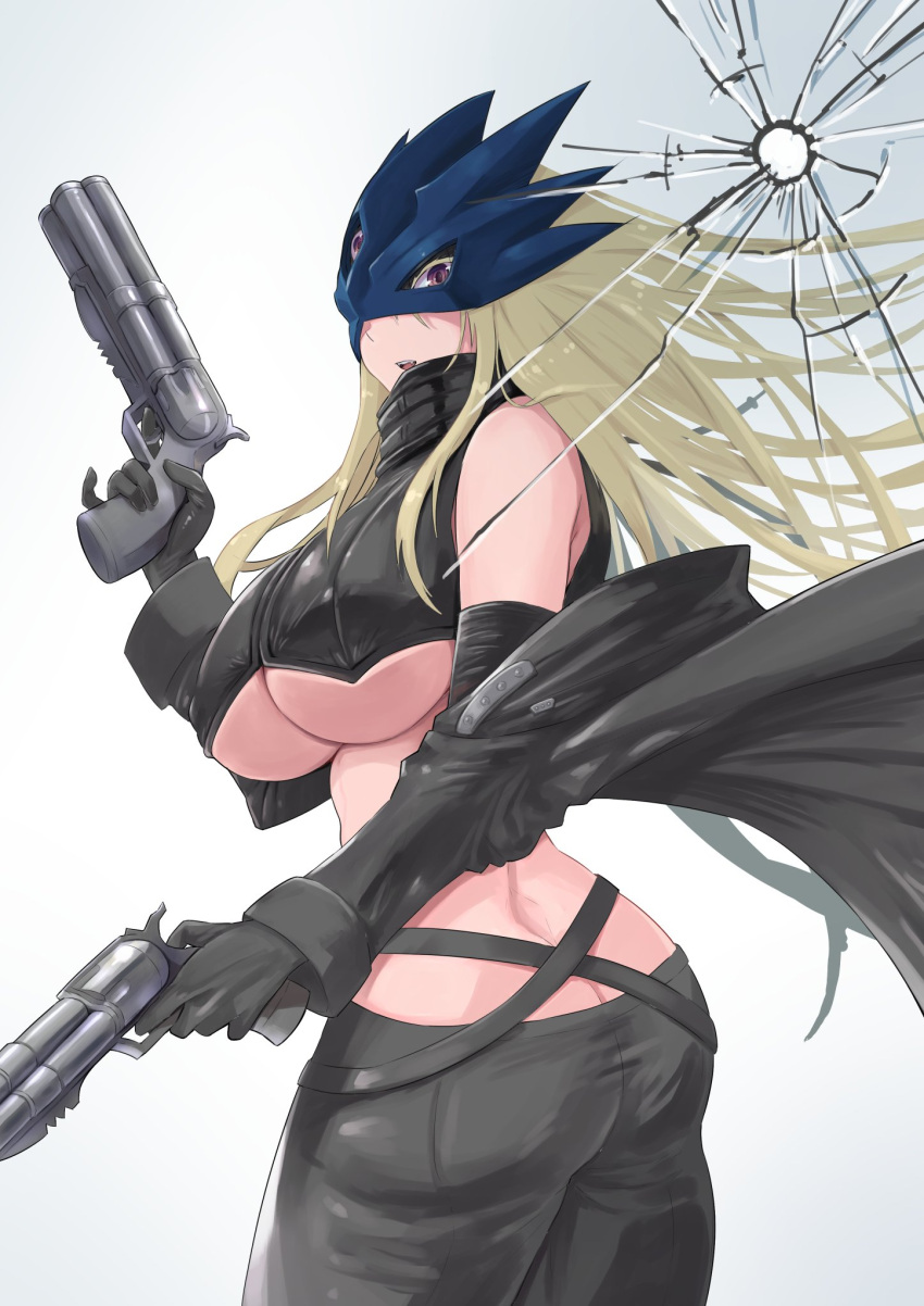 ass beelstarmon big_ass big_breasts blonde_hair breasts broken_glass digimon digimon_(species) female female_focus female_only gloves gun long_hair looking_at_viewer natsuishi_nana nipple_bulge solo solo_female thighs underboob voluptuous