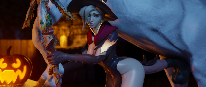 1boy 1girls 3d alternate_costume animal_genitalia bestiality blender erection female horse horsecock huge_cock looking_at_viewer male mercy overwatch penis sex straight thebartender witch_mercy zoophilia