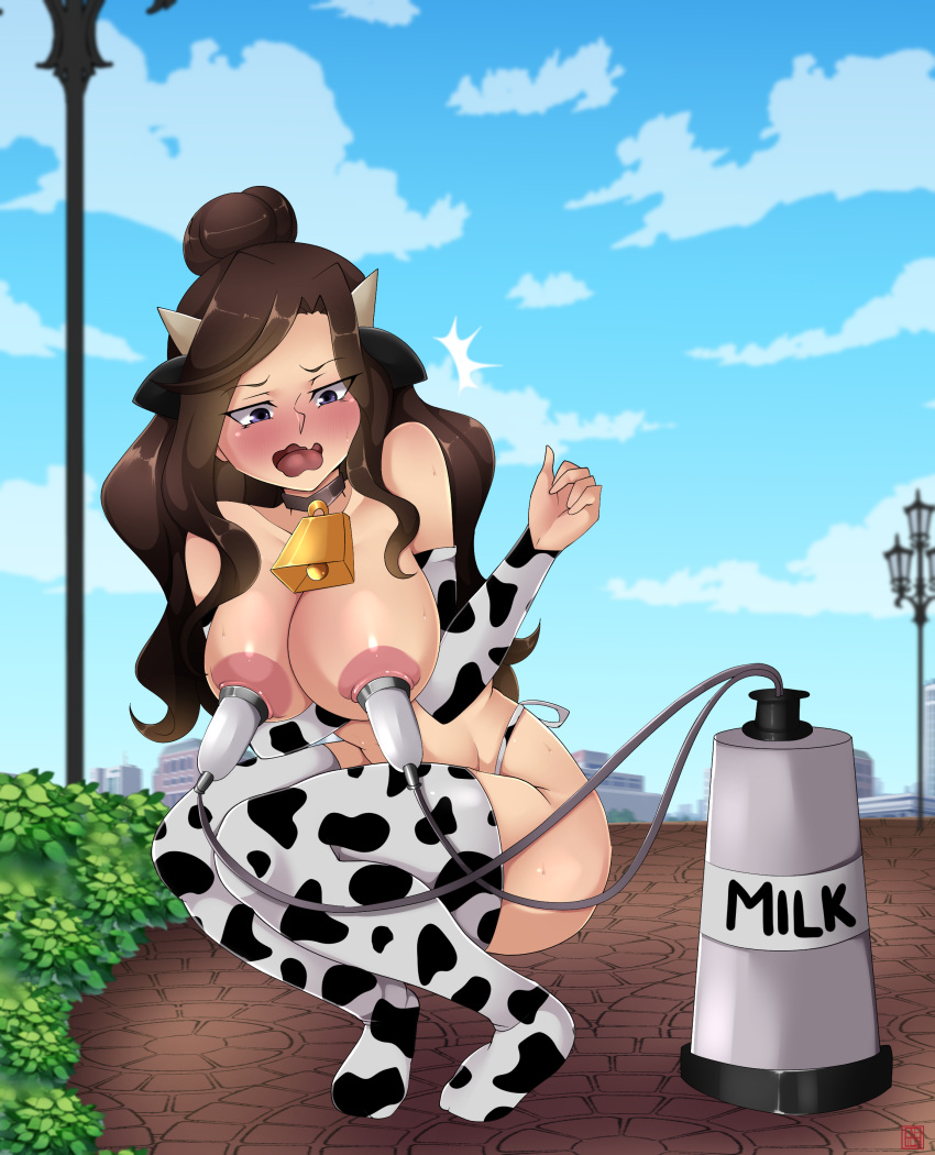 1girls ^^^ areolae bell bell_collar big_breasts blush breasts brown_hair cana_alberona cow_ears cow_girl cow_gloves cow_horns cow_print cowbell cowgirl day detached_sleeves enetheligthingdancer fairy_tail full_body lactation lamppost large_breasts long_hair milking_machine outdoors outside public public_exposure public_humiliation public_milking public_nudity purple_eyes solo solo_female squatting sweat thighhighs