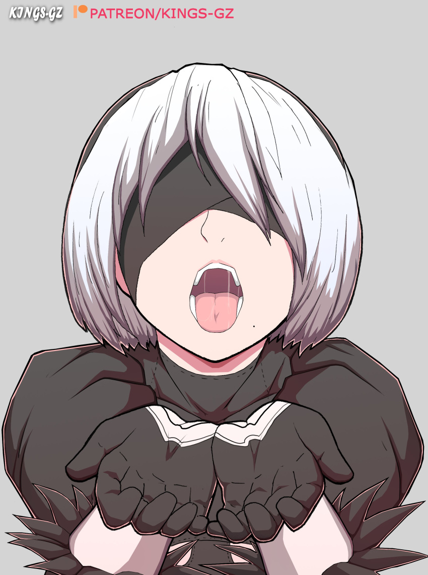 1girls cock_hungry female_focus female_only imminent_oral kings-gz nier:_automata nier_(series) oral presenting_mouth tongue_out white_hair yorha_2b