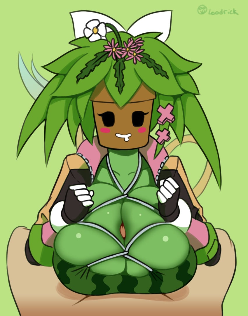 1boy 1girls blaster_master blush breasts clothed_female clothed_female_nude_male cock dick drool drooling female female_focus green_background green_skin huge_breasts human human_on_plantie humanoid kanna_(blaster_master) large_breasts loodrick male mouth_drool nude_male paizuri penis plant plant_girl plant_humanoid plantie pov pov_eye_contact simple_background straight tail tip_peeking