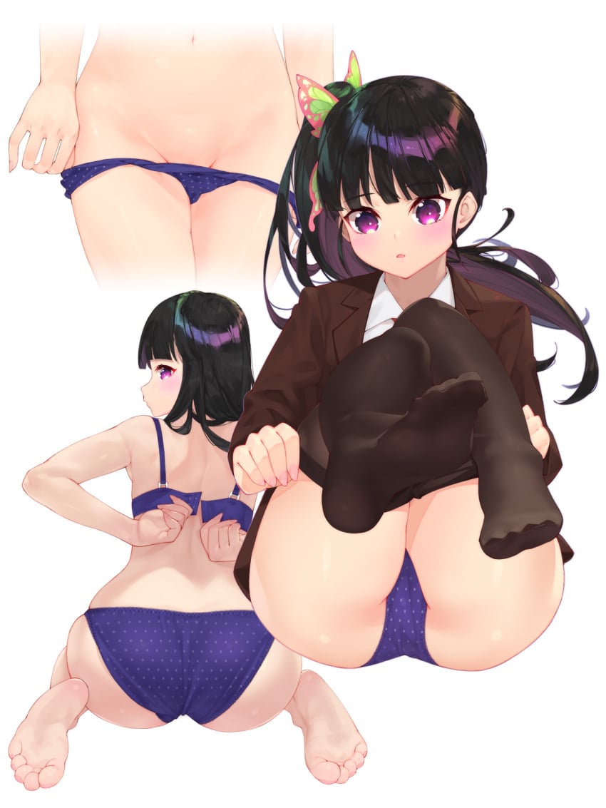 alternate_costume bangs barefoot big_ass black_hair blush bra butterfly_hair_ornament clothing demon_slayer feet female female_only hair_down kimetsu_no_yaiba long_hair looking_back multiple_images panties panties_down panty_pull pantyhose pantyhose_down pantyhose_pull polka_dot_panties ponytail purple_eyes side_ponytail soles solo tsuyuri_kanao undressing unhooked_bra wariza waterring