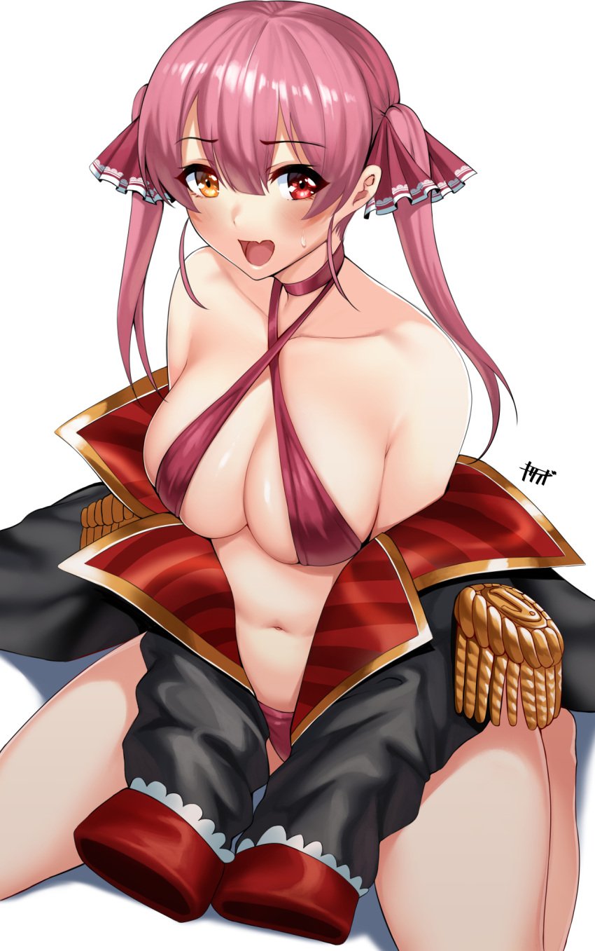 1girls :d bangs bare_shoulders bikini black_coat blunt_bangs blush breasts choker cleavage coat collarbone criss-cross_halter epaulettes eyebrows_visible_through_hair female female_focus female_only hair_between_eyes hair_ribbon halterneck heterochromia highres hololive hololive_fantasy hololive_japan houshou_marine kisaragi_tsurugi large_breasts long_hair looking_at_viewer midriff navel no_eyepatch oerba_yun_fang off_shoulder open_mouth pink_bikini pink_choker red_eye red_hair red_ribbon ribbon shadow sidelocks simple_background sitting skin_fang smile solo solo_female solo_focus sweat swimsuit twintails virtual_youtuber wariza white_background yellow_eye