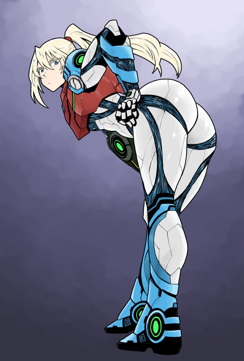 1girls ass bent_over blonde_hair blue_eyes metroid metroid_dread nintendo power_suit samus_aran solo solo_female thick_ass tsunamino_yuu