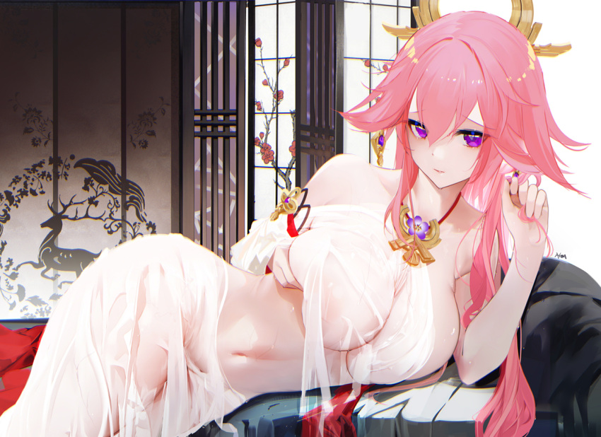 animal_ears bangs blush breasts collarbone covered_nipples female fox_ears genshin_impact hair_ornament jewelry large_breasts long_hair looking_at_viewer lying navel necklace omone_hokoma_agm on_side pendant pink_hair purple_eyes sidelocks thighs very_long_hair yae_miko