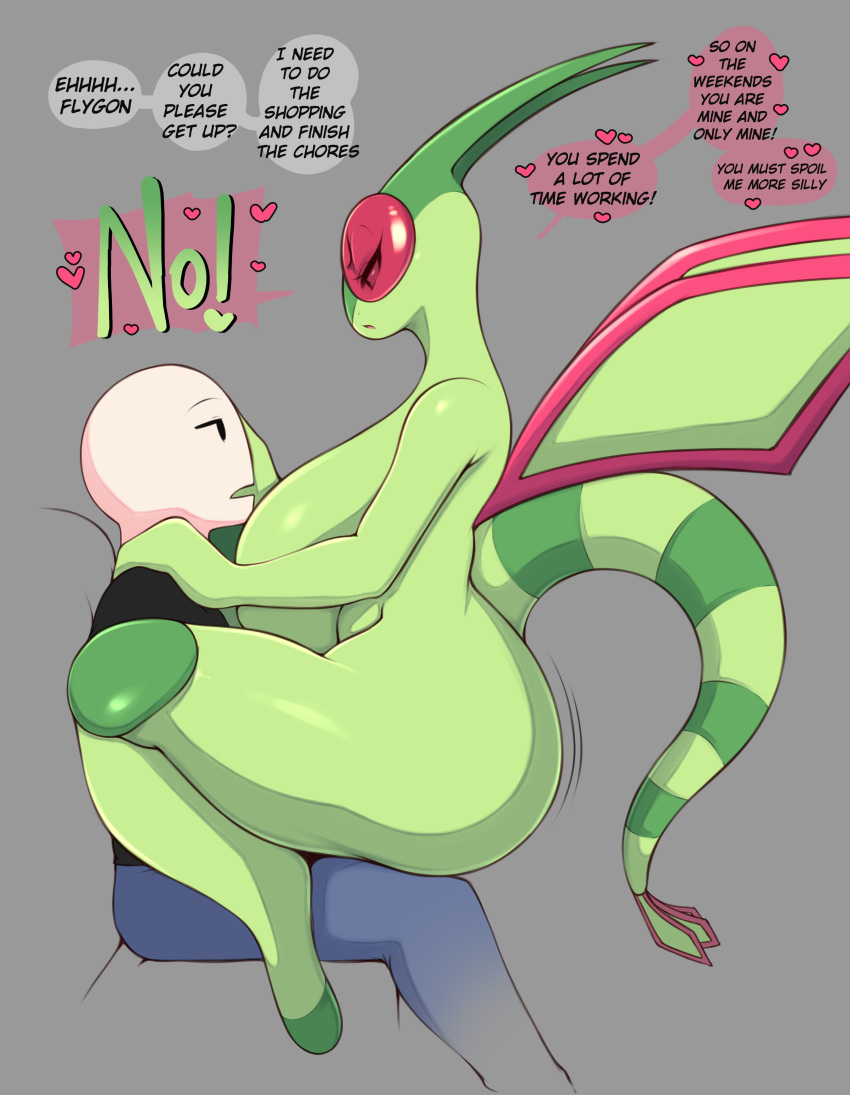 2021 absurd_res anon anonymous_male anthro ass big_ass big_breasts big_butt black_clothing black_shirt black_topwear bottomwear breasts bubble_butt clothed clothing dialogue duo english_text female female_pokemon flygon grey_background heart hi_res huge_breasts human human_on_anthro human_on_pokemon interspecies male male/female male_human/female_anthro male_human/female_pokemon mammal nintendo nude on_lap open_mouth pants pokémon_(species) pokemon pokemon_(species) saltyxodium shirt simple_background sitting_on_lap speech_bubble text topwear video_games