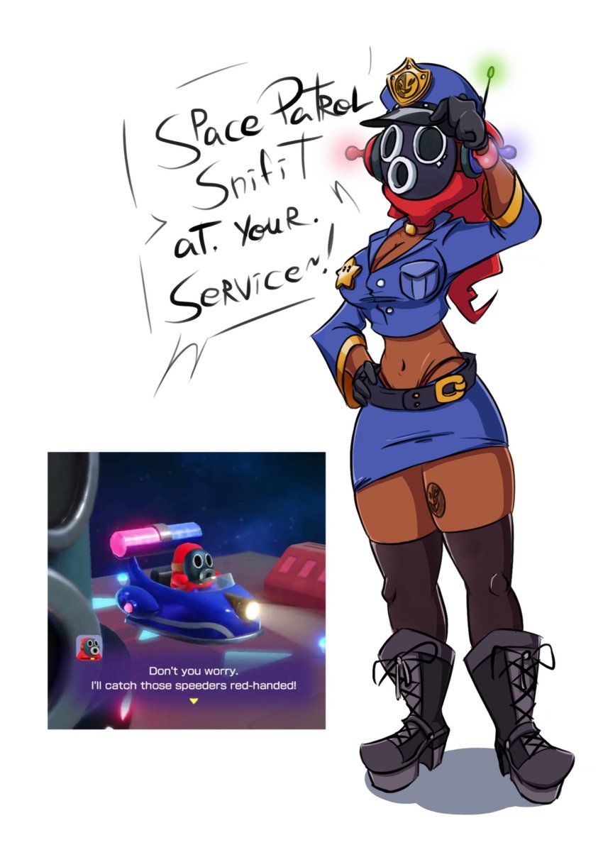 cop_outfit dark-skinned_female dark_skin dialogue dialogue_box dialogue_bubble digital_media_(artwork) doodle gas_mask mario_(series) mario_party mario_party_superstars mask masked nintendo paddycakes! police police_hat police_uniform policewoman shy_guy snifit space tattoo tattooed_legs