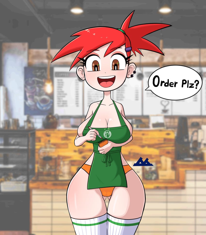 1girls apron big_breasts brown_eyes cartoon_network ear_piercing female foster's_home_for_imaginary_friends frankie_foster garbageman garbageman_(artist) iced_latte_with_breast_milk long_hair meme panties ponytail red_hair smile starbucks tagme teen text thigh_gap thigh_highs thighhighs