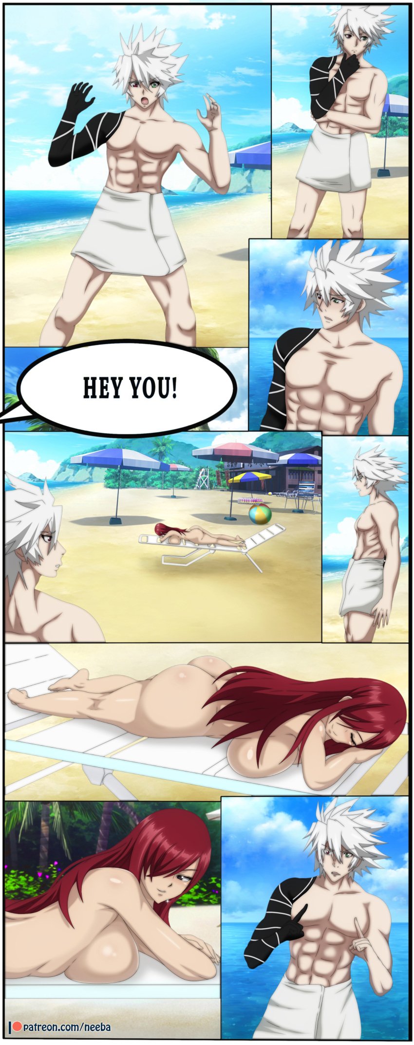 1boy artist_name bare_shoulders beach blazblue cloud comic crossover curvaceous curvy curvy_figure erza_scarlet fairy_tail high_resolution huge_breasts human large_breasts light-skinned_female light-skinned_male light_skin long_hair muscular_male neeba neebapixxx nude on_stomach outdoors outside panels patreon_reward patreon_username ragna_the_bloodedge red_hair sand silver_hair sky sunbathing