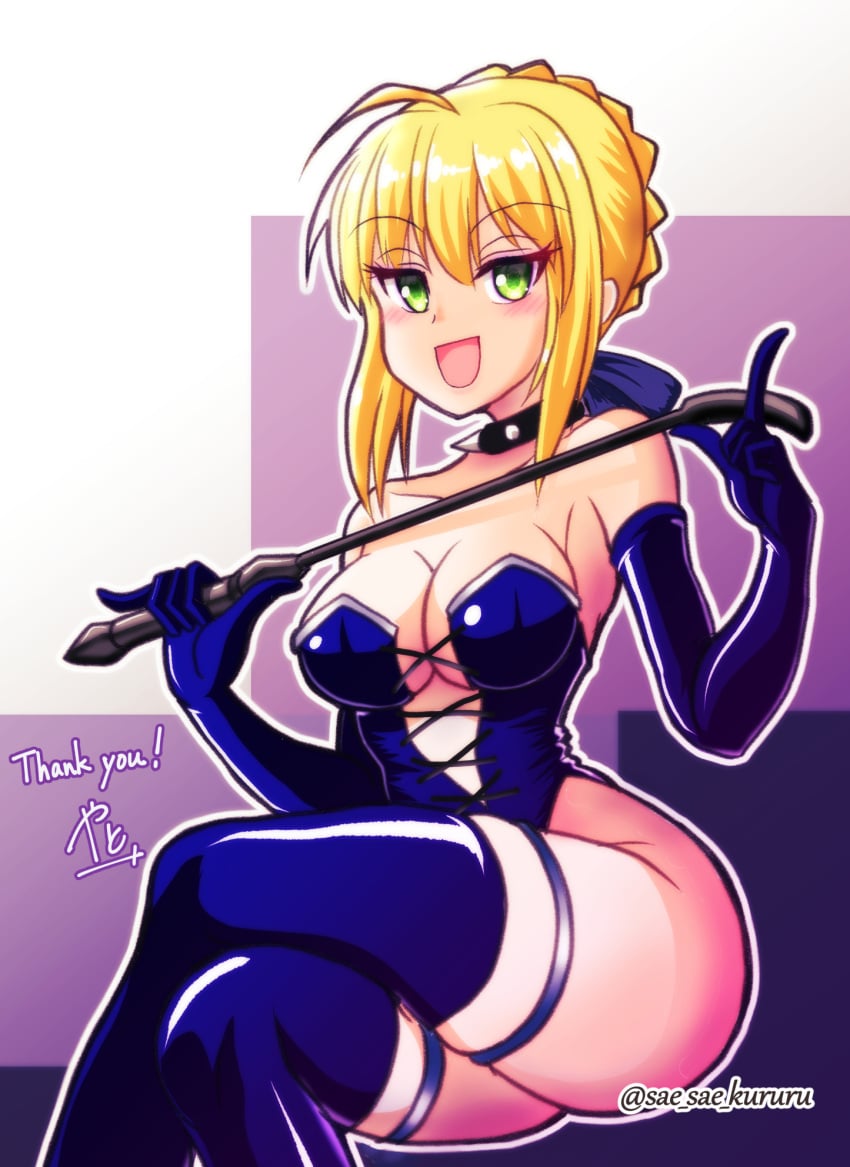 1girls 2d 2d_(artwork) ahoge arm_warmers armwear artist_name artist_signature artoria_pendragon artoria_pendragon_(all) artoria_pendragon_(fate) ass big_ass big_butt big_thighs blonde_hair blue_corset blue_ribbon blue_thigh_highs blue_thighhighs blush braid braided_hair breasts bustier collar corset dominant_female dominatrix eyebrows eyebrows_raised fate/grand_order fate/stay_night fate/zero fate_(series) female femdom green_eyes hair_ribbon happy hi_res highres holding_object holding_riding_crop imminent_sex latex latex_gloves latex_legwear latex_suit latex_thighhighs legs_crossed looking_at_viewer posing pov purple_background raised_eyebrows ribbon riding_crop short_hair simple_background sitting skin_tight skintight smile smiling smiling_at_viewer spiked_collar thick_thighs thigh_highs thighhighs thighs tied_hair tight_clothing tight_fit white_background