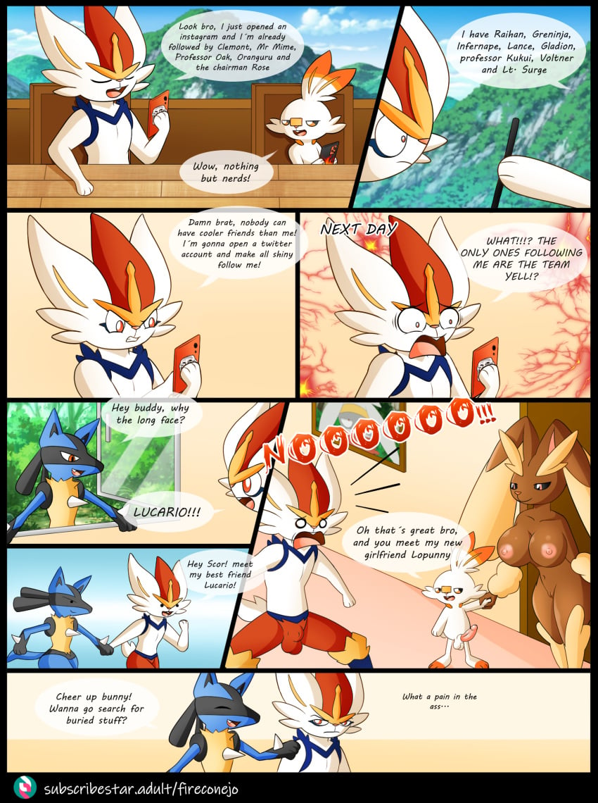 1girls anthro blue_body blue_fur breasts brown_body brown_fur cinderace comic female female_lopunny fire_conejo fur group hi_res humor lopunny lucario male male/female male_cinderace male_pokemon nintendo nipples pink_nipples pokemon pokemon_(species) pokemon_ss red_eyes scorbunny size_difference video_games white_body white_fur