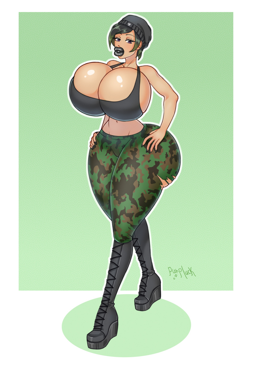 bimbo black_lipstick camo_print gigantic_ass high_heel_boots high_heels huge_ass huge_breasts massive_ass purpluck slim_waist tank_top thick_lips thick_thighs torn_legwear wide_hips yoga_pants