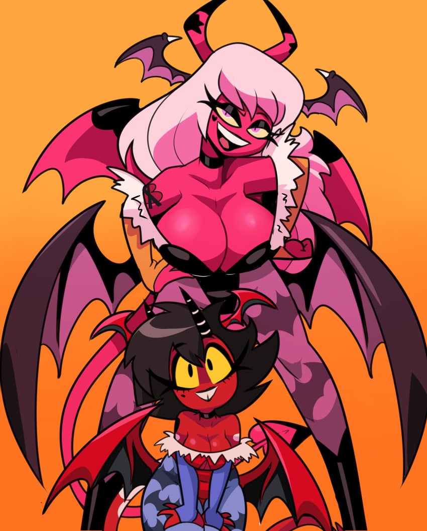 2girls big_breasts black_hair black_lipstick capcom choker cleavage clothing cosplay costume darkstalkers demon demon_girl demon_tail demon_wings demons helluva_boss imp large_breasts lilith_aensland_(cosplay) looking_at_viewer millie_(helluva_boss) morrigan_aensland_(cosplay) pink_eyes pink_hair pink_skin red_skin succubus superspoe tagme tail tattoo thigh_boots tights verosika_mayday_(helluva_boss) wings yellow_eyes