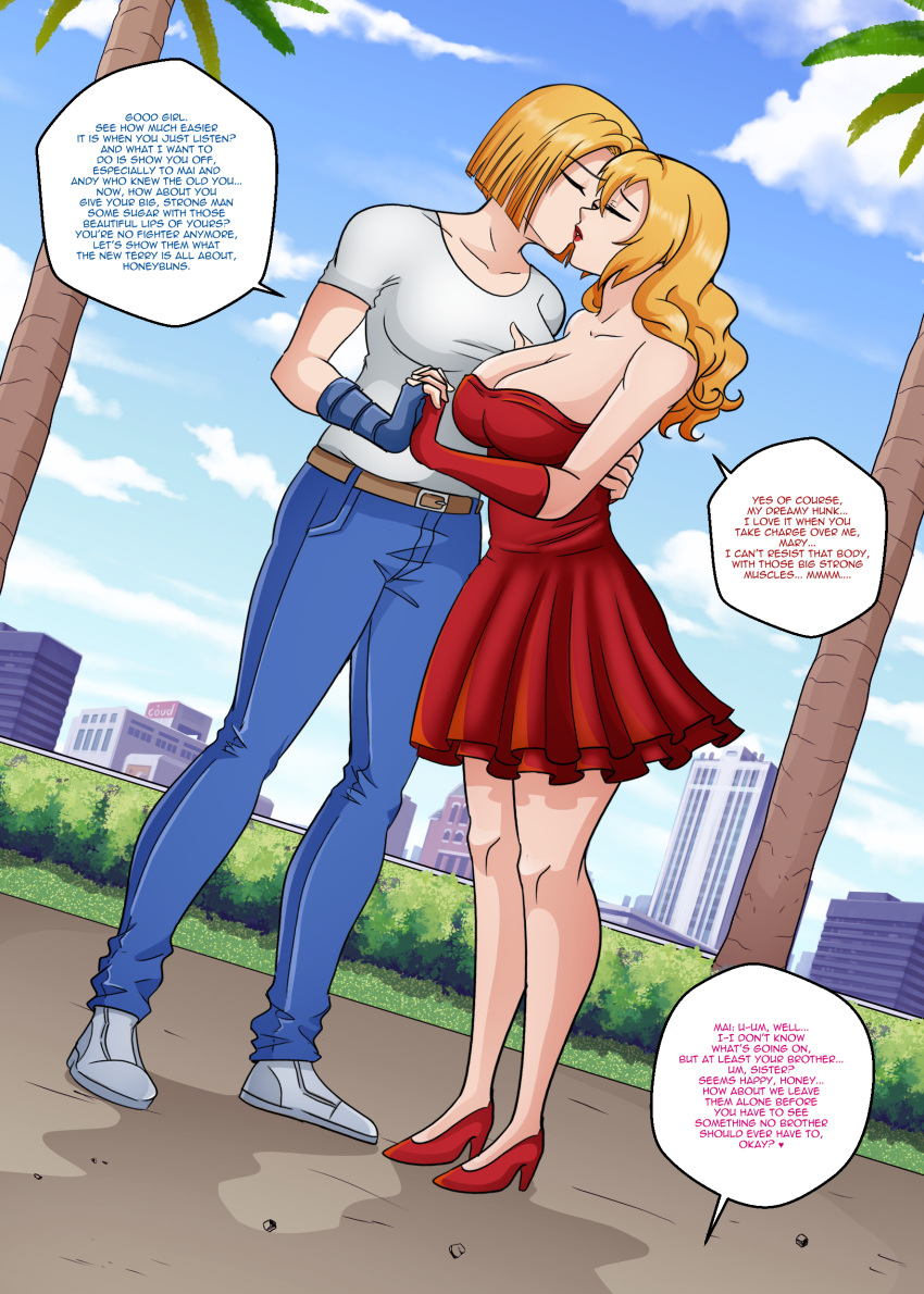 blonde_hair blue_mary cleavage closed_eyes cody_travers_(cosplay) deep_kiss dialogue fatal_fury final_fight high_heels interlocked_fingers jessica_haggar jessica_haggar_(cosplay) king_of_fighters kissing lipstick mascara omitv red_dress red_heels role_reversal rule_63 snk snk_heroines:_tag_team_frenzy terry_(snk_heroines:_tag_team_frenzy) terry_bogard yuri