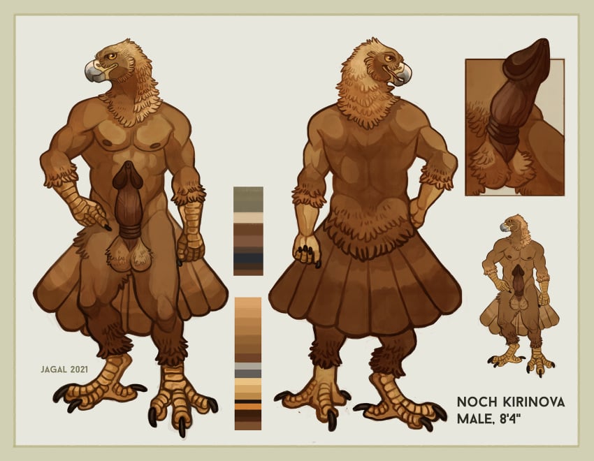 2021 accipitrid accipitriform anthro avian balls beak bird bird_feet brown_balls brown_body brown_feathers brown_glans brown_nipples brown_penis eagle english_text erection feathers genitals glans golden_eagle hi_res jagal male model_sheet muscular muscular_anthro muscular_male nipples noch_kirinova nude penis smile solo tail_feathers tall talons text true_eagle