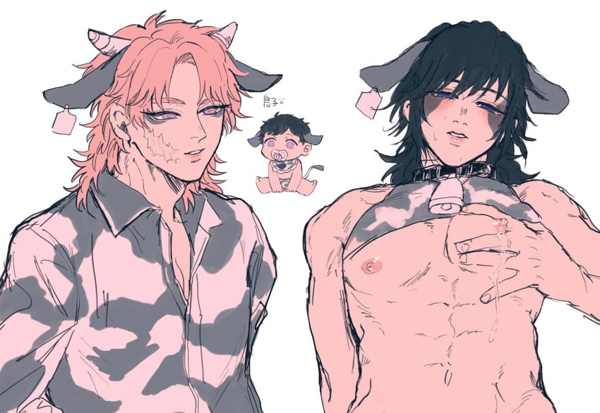 2boys ambush_(trap) black_hair blue_eyes cow_boy cow_ears cow_horns cow_print cowbell crop_top demon_slayer facial_markings grabbing_own_breast kimetsu_no_yaiba lactation male male_lactation male_only muscular_male orange_hair sabito tomioka_giyuu