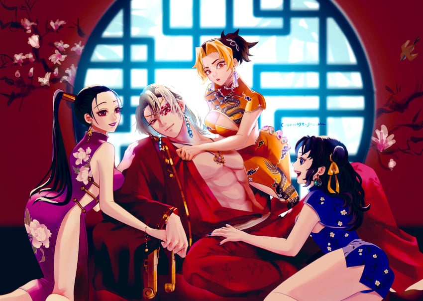 1boy 3girls alternate_costume amber_eyes asian_clothing black_hair boob_window canon_couple china_dress chinese_clothes chonmage.gozaru cleavage cleavage_cutout demon_slayer earrings facial_mark female hair_down hair_ribbon hand_on_ass harem highres hinatsuru_(kimetsu_no_yaiba) holding_hands husband_and_wife husband_and_wives jewelry kimetsu_no_yaiba kneeling long_hair looking_at_viewer lots_of_jewelry makio_(kimetsu_no_yaiba) male married_couple muscular_male nail_polish open_clothes polyamory ponytail purple_eyes purple_lipstick side_slit silver_hair sitting smile submissive_female suma_(kimetsu_no_yaiba) the_wives_(kimetsu_no_yaiba) throne two_tone_hair uzui_tengen very_high_resolution