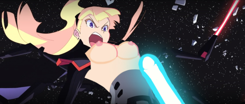 2021 accurate_art_style am_(star_wars) angry artist_request blonde_hair blue_lightsaber breasts breasts_out disney edit exposed_breasts lightsaber long_hair nipples open_mouth purple_eyes red_lightsaber screenshot_edit small_breasts space space_background star_wars star_wars_visions studio_trigger the_twins_(star_wars) torn_clothes torn_clothing