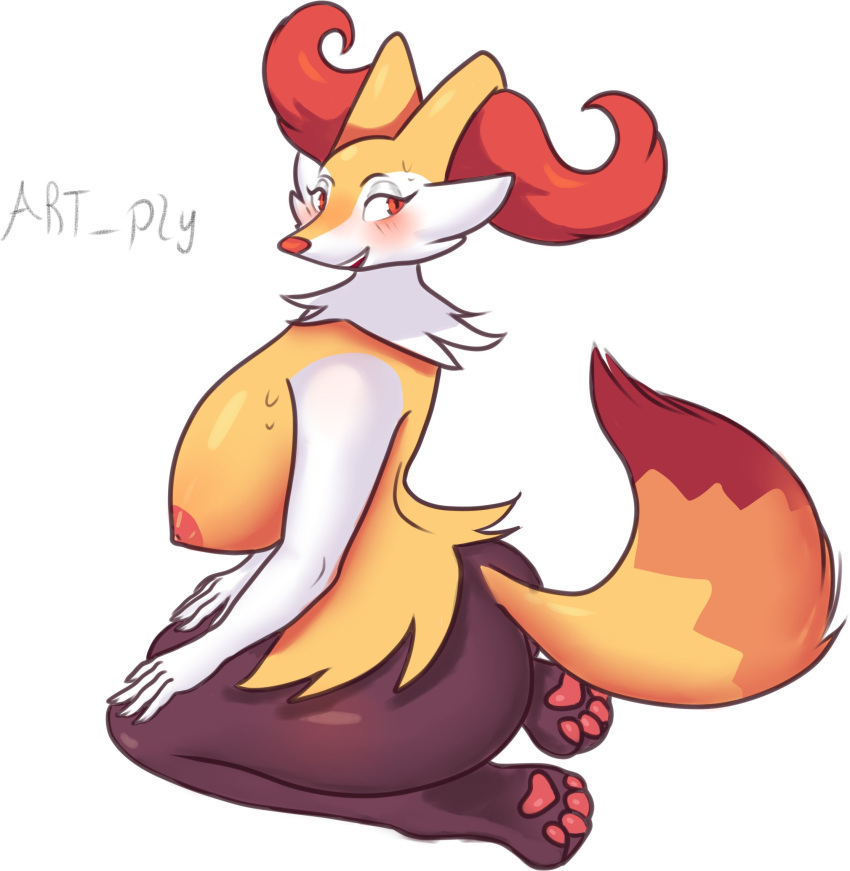 anthro artply big_breasts blush braixen breasts female hi_res looking_at_viewer nintendo nipples pawpads pokémon_(species) pokemon pokemon_(species) red_eyes smile solo video_games wide_hips