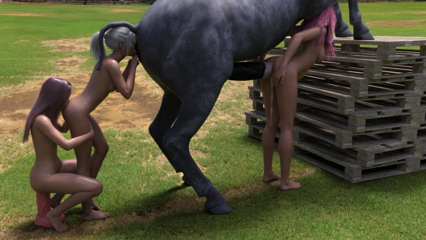 3d 3d_(artwork) 3girls anal anal_sex cum_in_ass cum_in_pussy dildo_sitting horse horse_dildo horse_penis horsecock outside pink_hair public public_sex purple_hair rimming rimming_female rimming_horse sweaty threesome white_hair wrecked3d zoophilia