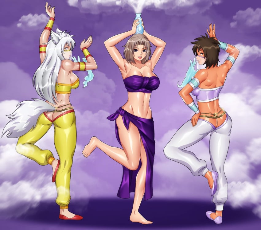 belly_dancer belly_dancer_outfit brown_hair cleavage dancing dark_skin female_only femdom femsub harem_outfit hypnosis hypnotic_gas large_breasts lavionartz long_hair maya_(nobledragon12) mowgli rakshi_(nobledragon12) rule_63 short_hair the_jungle_book white_hair whitewash_eyes wolf_girl