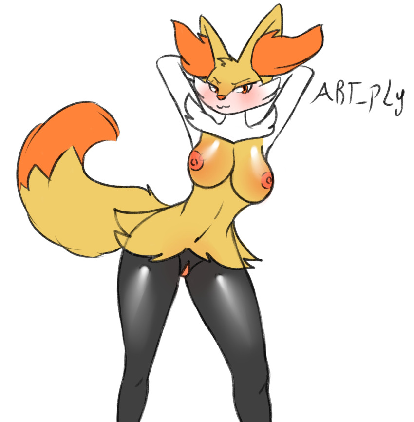 absurd_res anthro artply blush braixen breasts female genitals hands_behind_head hi_res looking_at_viewer nintendo nipples pokémon_(species) pokemon pokemon_(species) pussy solo video_games wide_hips