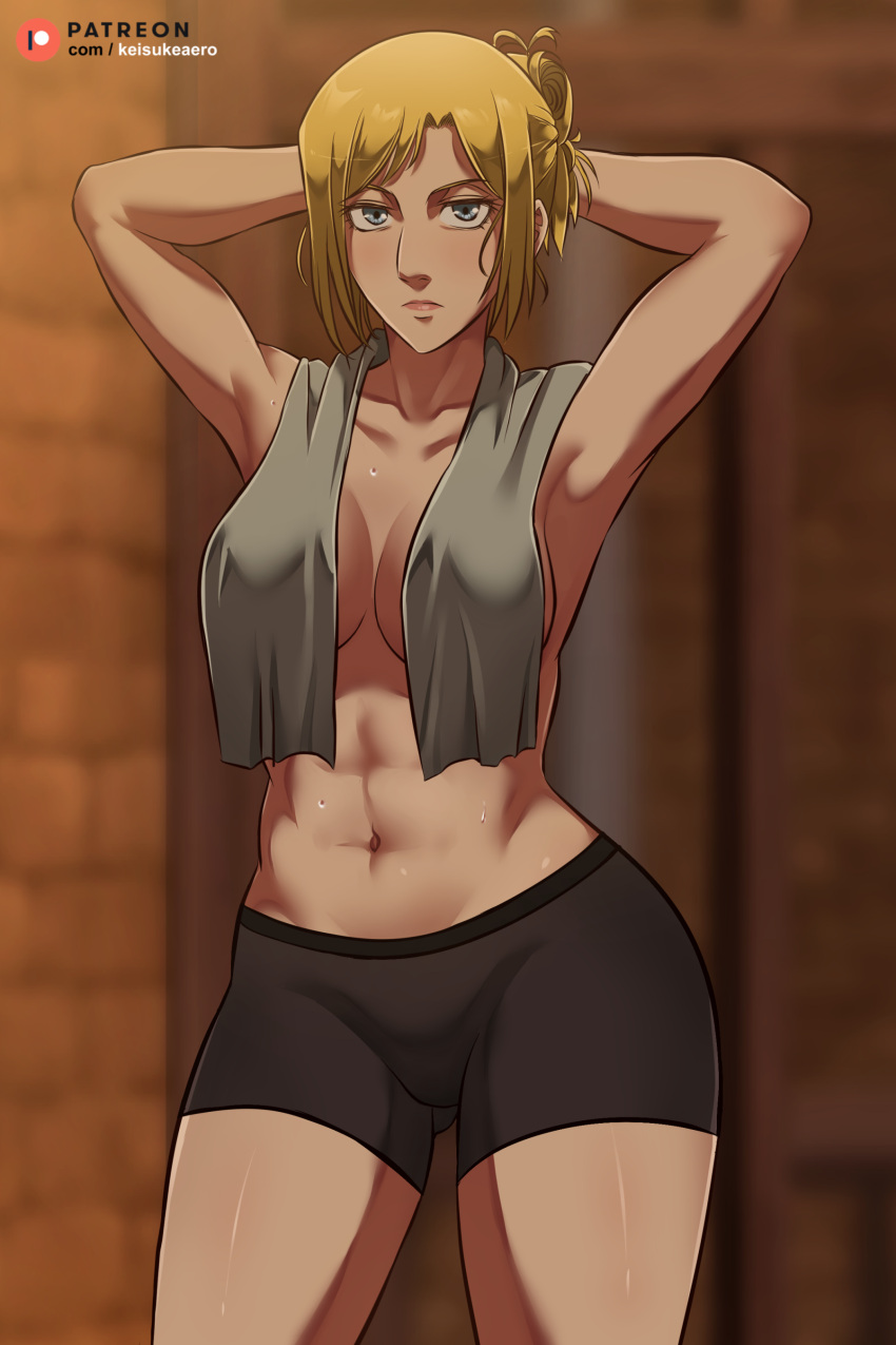 1girls abdomen annie_leonhardt attack_on_titan blue_eyes covered_breasts female hands_behind_head keisuke_aero muscular muscular_female pants shingeki_no_kyojin short_hair shorts standing tight_pants towel towel_around_neck yellow_hair