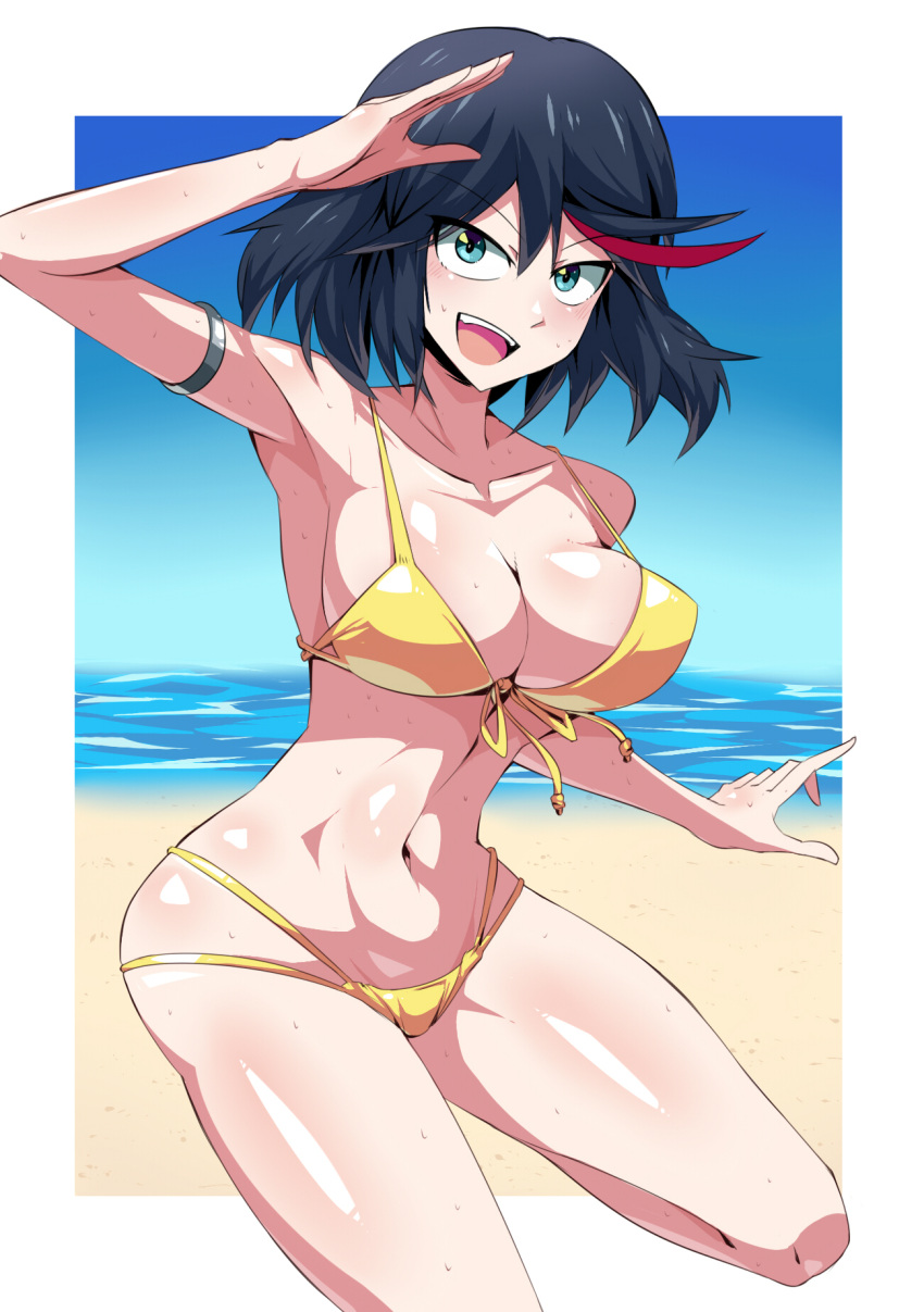 1girls beach bikini blue_eyes breasts kill_la_kill large_breasts matoi_ryuuko midriff multicolored_hair outdoors short_hair solo studio_trigger suzusiigasuki tagme two_tone_hair yellow_bikini